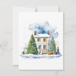 Cartão De Festividades Cena de Casa de Inverno A - Aquarelas