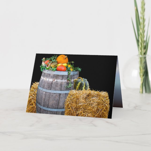 Cartão De Festividades Cena de Colheita de Ação de Graças com Barrel e Pr (Frente)