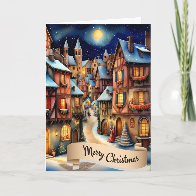 Cartão De Festividades Cena de Férias da Aldeia Medieval de Feliz Natal (Frente)