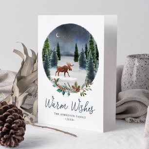 Cartão De Festividades Cena de Inverno de Alces da Floresta com Desejos Q