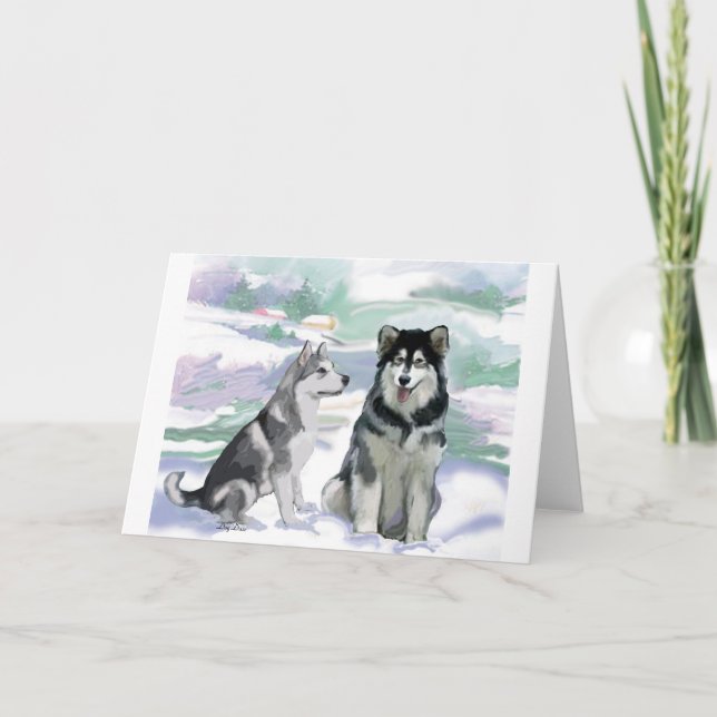 Cartão De Festividades Cena de inverno de Malamute no Alasca (Frente)