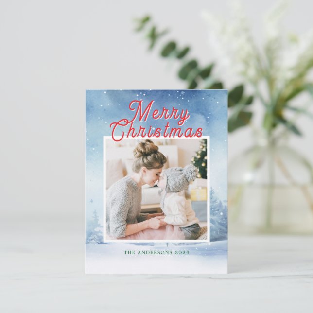 Cartão De Festividades Cena de inverno em aquarela com uma foto (Em pé/Frente)