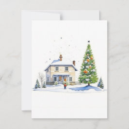 Cartão De Festividades Cena de Inverno em Casa B - Aquarelas