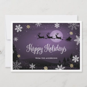 Cartão De Festividades Cena de Inverno Roxo Rena Papai Noel