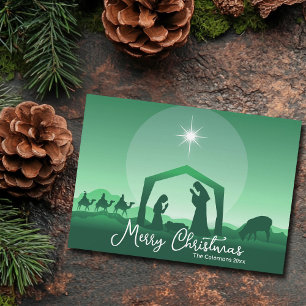 Cartão De Festividades Cena de Natal Alegre Verde Religiosa