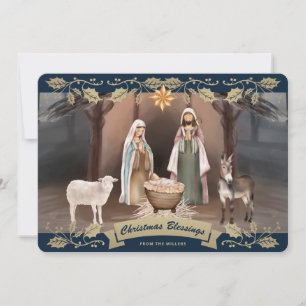 Cartão De Festividades Cena de Natal Azul Elegante Cena de Natal Cristã