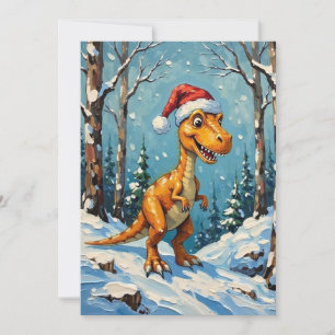Cartão De Festividades Cena de Natal com Dinossauro Vintage e Chapéu de P