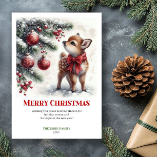 Cartão De Festividades Cena de Natal com Fawn Bebê Aconchegante em Aquare