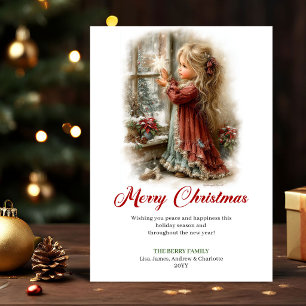 Cartão De Festividades Cena de Natal com Menina Feliz e Fofa Saudação