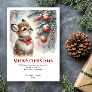 Cartão De Festividades Cena de Natal de Bebê Fawn Imprimível Aquarela 