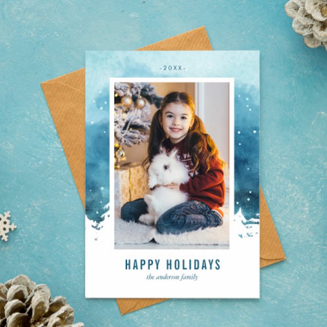 Cartão De Festividades Cena de Natal de Inverno em Aquarela Foto (Criador carregado)