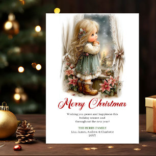 Cartão De Festividades Cena de Natal de Menina Pequena e Fofa com Saudaçã