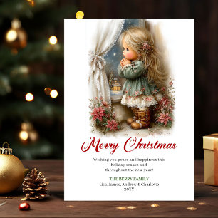Cartão De Festividades Cena de Natal de Menina Pequena Fofa e Graciosa Sa