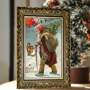 Cartão De Festividades Cena de Natal de Papai Noel Vintage Inverno Neve