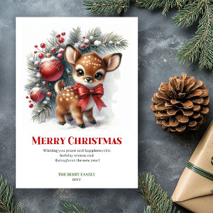 Cartão De Festividades Cena de Natal em Aquarela com Veado Bebê Sonhador