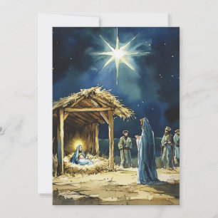 Cartão De Festividades Cena de Natal em Aquarela Interior em Branco