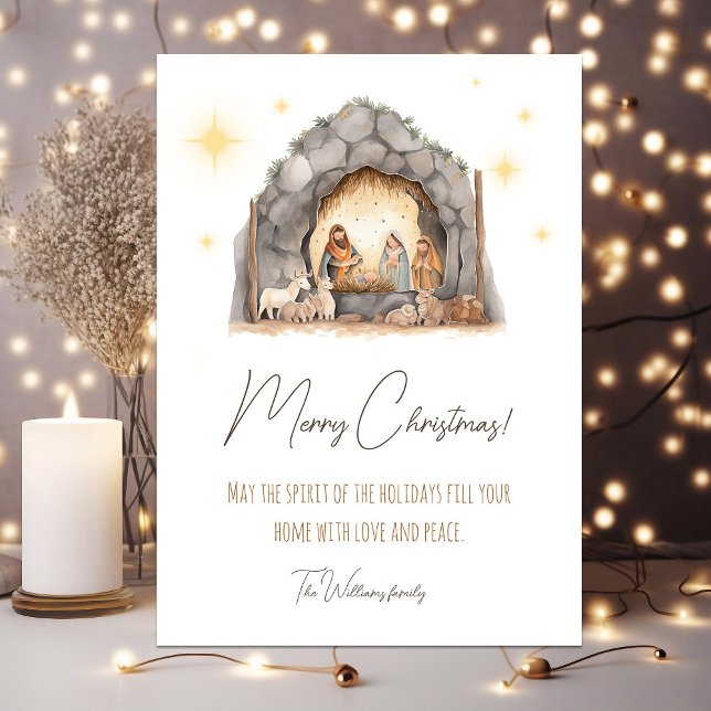 Cartão De Festividades Cena de Natal Ilustrada (Illustrated Nativity Scene Christmas Card with personalized text)