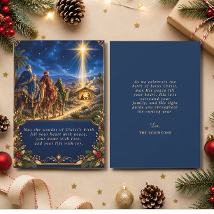 Cartão De Festividades Cena de Natal Religiosa Azul Dourado