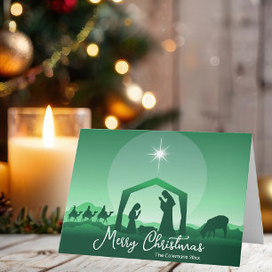 Cartão De Festividades Cena de Natal Verde Religiosa Feliz Natal