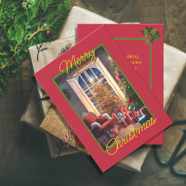 Cartão De Festividades Cena de Natal Vintage Aconchegante em Fundo Vermel