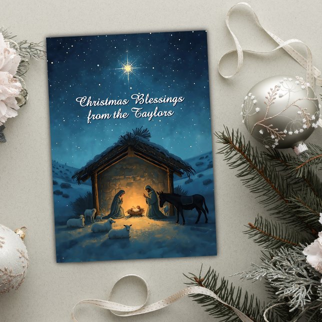 Cartão De Festividades Cena de Natividade Cristã, Natal Religioso (Peaceful Nativity Christmas Card with Personalized Family Name | Christian Holiday Greeting)
