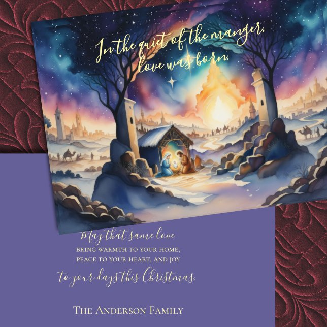 Cartão De Festividades Cena de Natividade de Pintura em Água (Criador carregado)