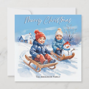 Cartão De Festividades Cena de neve com trenós infantis em aquarela retrô