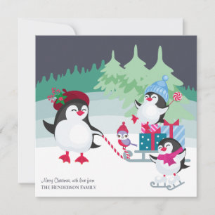 Cartão De Festividades Cena de neve da Floresta de Natal com Pinguins Fof