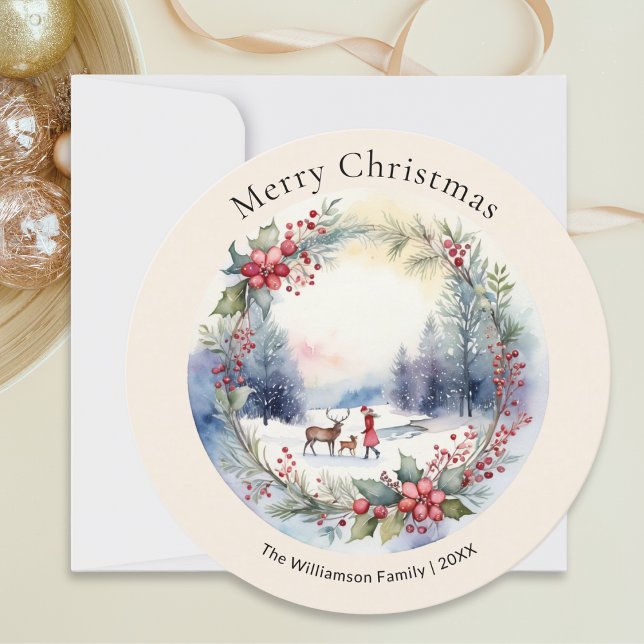 Cartão De Festividades Cena de Neve de Inverno em Aquarela Feliz Natal (A round Christmas card with watercolor-style winter scene and customizable name and year)