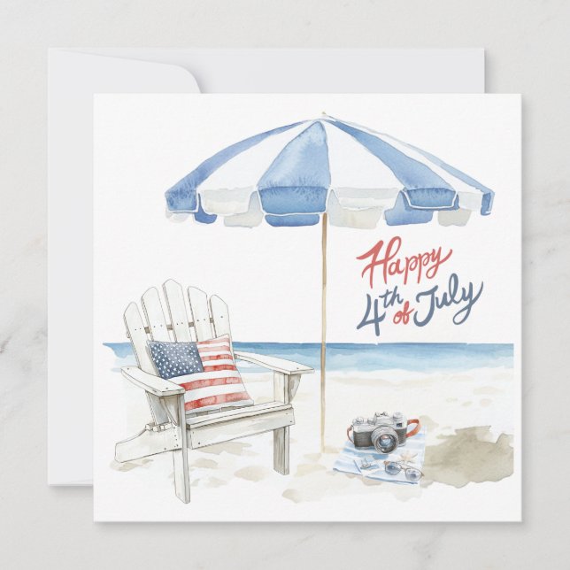 Cartão De Festividades Cena de praia de aquarelas Feliz 4 de julho (Frente)