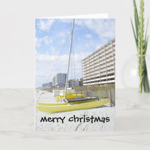 CARTÃO DE FESTIVIDADES CENA DE PRAIA "NATAL MERRY" COM CATAMARANO