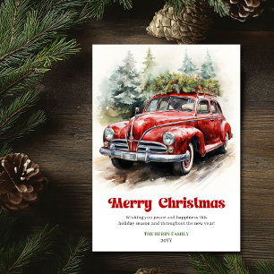 Cartão De Festividades Cena em aquarela de carro vermelho de Natal rústic