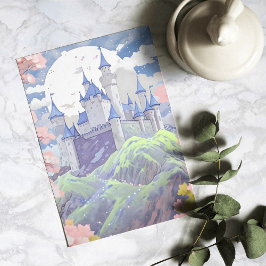 Cartão De Festividades Cena em aquarela pastel de um castelo de contos de