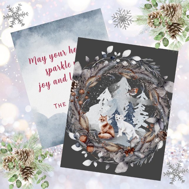 Cartão De Festividades Cena Marrom e Raposa Árctica Cena de Neve (Watercolor Brown and Arctic Fox Snow Wreath Scene Holiday Card)