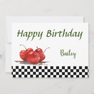 Cartão De Festividades Cerejas Vermelhas Brilhantes em uma Tablecloth Ver