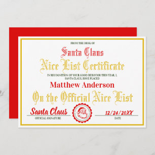 Cartão De Festividades Certificado de Lista Nice para Crianças Presente d