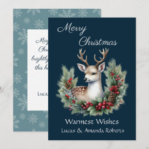 Cartão De Festividades Cervo Pacífico, com Grinalda de Azevinho, em Azul 