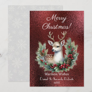 Cartão De Festividades Cervo Pacífico com Grinalda, Textura Vermelha Fals