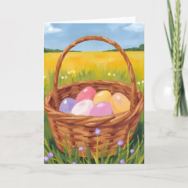 Cartão De Festividades Cesta de Páscoa Caça aos Ovos Aquarela Pastel