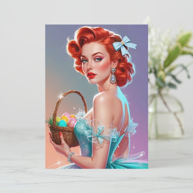 Cartão De Festividades Cesta de Páscoa com Pin-Up Ruiva (Em pé/Frente)