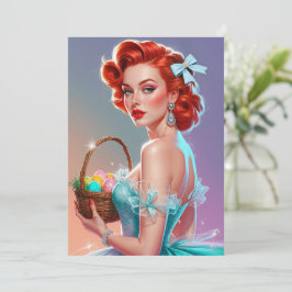 Cartão De Festividades Cesta de Páscoa com Pin-Up Ruiva