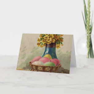 Cartão De Festividades Cesta de Páscoa Ovos Flores Antigo