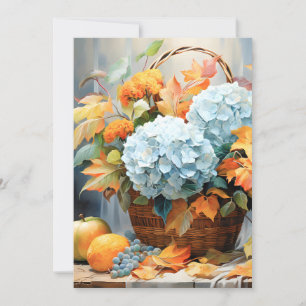 Cartão De Festividades Cesta Floral de Outono em Aquarela Rústica