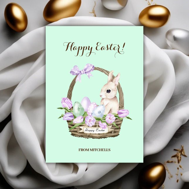 Cartão De Festividades Cesto de coelho verde-claro do Felz pascoa (Happy Easter Rabbit Basket Holiday Card)