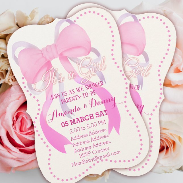 Cartão De Festividades Chá de Bebê com Laço Rosa  (Pink Ribbon Baby Shower Invitation Card.)
