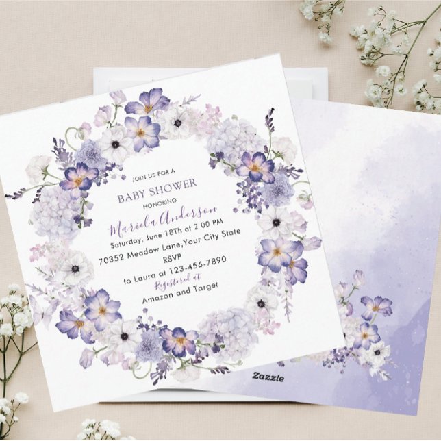 Cartão De Festividades Chá de fraldas de flores lilás elegante de aquarel (Criador carregado)