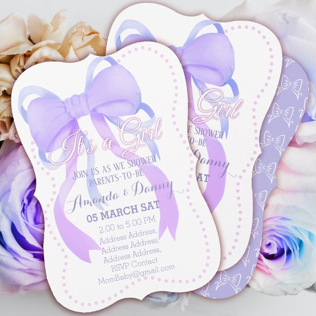 Cartão De Festividades Chá de fraldas Roxo (Purple Ribbon Baby Shower Invitation Card.)