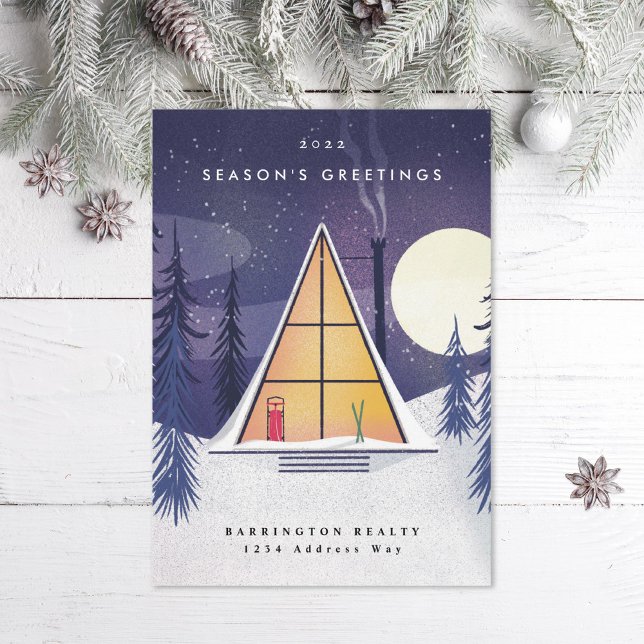 Cartão De Festividades Chalé de Esqui em A Frame de Inverno Ilustrado (Criador carregado)