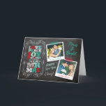 Cartão De Festividades Chalkboard Mistletoe Vintage First Christmas Photo<br><div class="desc">Vintage Black Chalkboard Mistletoes, Love Peace Joy Kisses Our First Christmas As Mr. And Mrs., Red And Green, Bold And Colorful Modern Block Letters Typography, 2 Multi Photo Collage Holiday Wedding Announcement Card Designed by fat*fa*tin. Easy to customize with your own text, photo or image. For custom requests, please contact...</div>