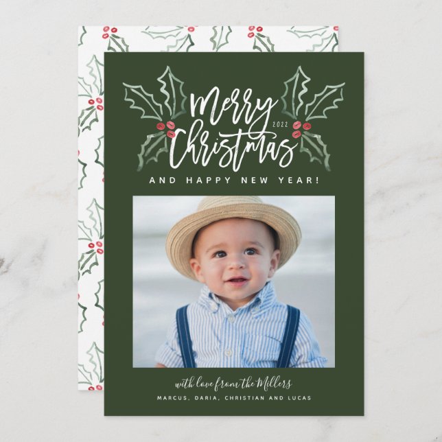 Cartão De Festividades Chalky Brusch Script Christmas Hollies Photo Green (Frente/Verso)